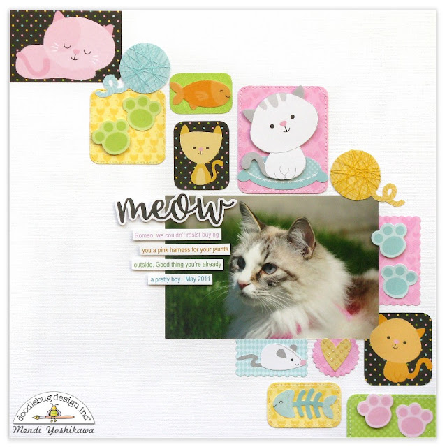 Doodlebug Design: A Smitten Kitten Cat Layout showing 4 ways to dress up Odds & Ends Die-cuts by Mendi Yoshikawa