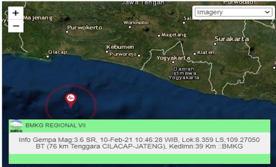 Lagi, Cilacap Diguncang Gempa 3,6 Magnitudo