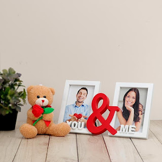 Small Brown Teddy Bear with Red Rose and a Red and White You & Me Photo Frame for Teddy Bear day