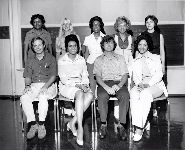 black and white photo, 1972, Betty M Wheeler and her first faculty at Metro High