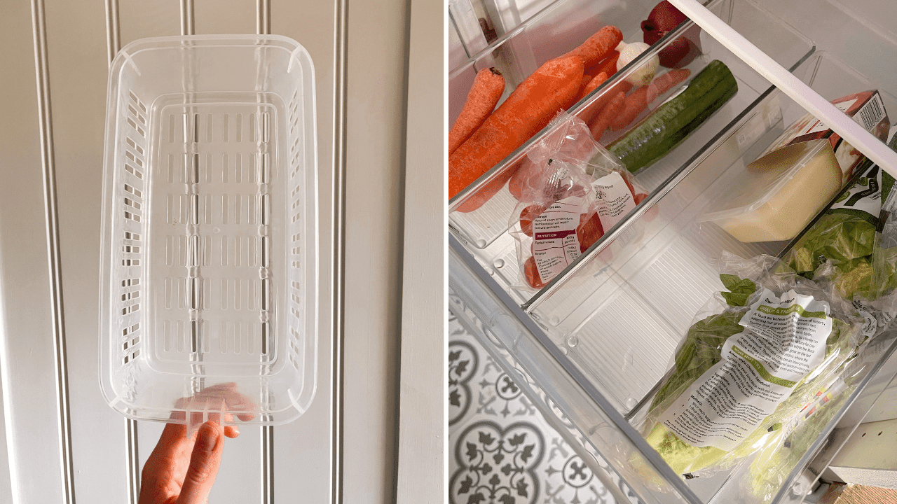 How to declutter and organise your fridge. Kitchen organisation tips and inspiration. Using storage hacks and tubs to tidy your food storage