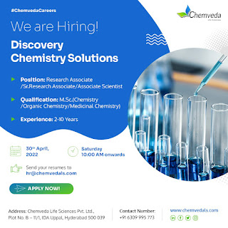 Chemveda life Sciences Walk in Interviews for discovery Chemistry solutions and R and D Department on 30th April 2022 AndhraShakthi - Pharmacy Jobs