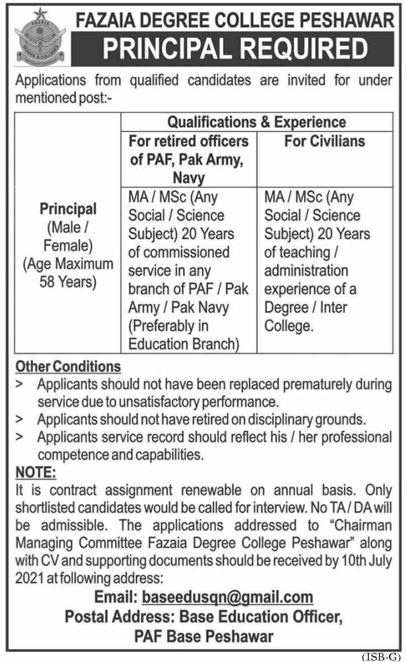 Fazaia Inter College jobs 2021