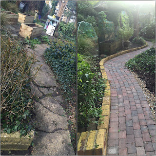 Two pictures side by side showing before and after pictures of a path