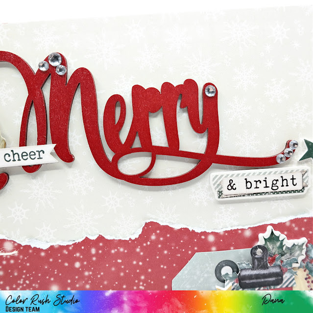 Merry Red Wood Veneer Word Title Embellished with Rhinestones on a Christmas Scrapbook Layout