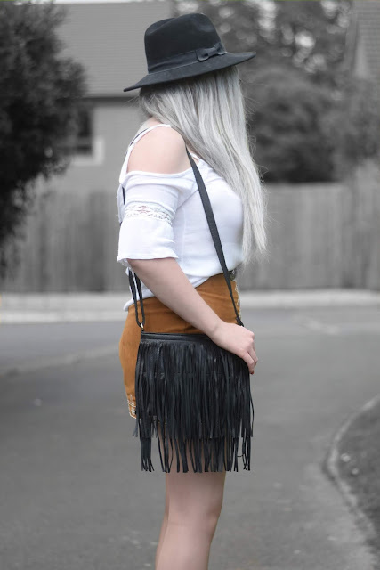 Sammi Jackson - Primark Black Fedora / Zaful Sunglasses / Boohoo Off Shoulder Top / Choies Double Buckled Belt / Sammydress Embroidered Suede Skirt / Romwe Fringed Bag / Missguided Buckled Ankle Boots 