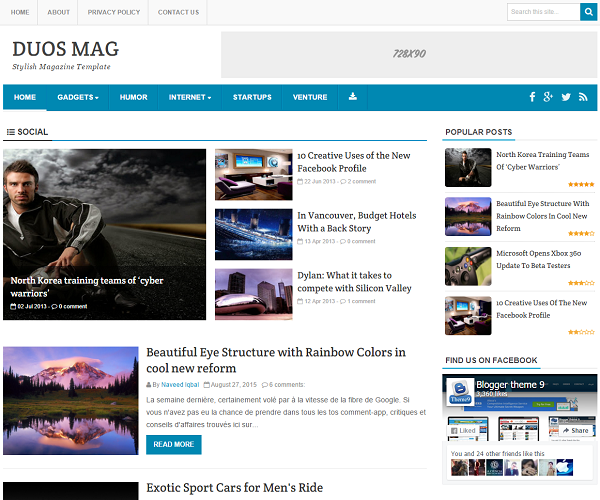 Duos Mag is a premium style magazine blogger template with elegant featured post area.