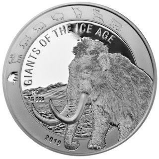Монета Шерстистый Мамонт из серии Гиганты Ледникового периода 2019 год Гана 1 унция серебра  серебро 5 седи