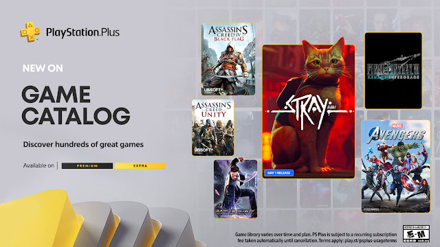 playstation plus stray final fantasy vii remake intergrade ff7 marvel's avengers assassin's creed unity ac 4 black flag rogue remastered freedom cry ezio collection saints row 4 re-elected gat out of hell spirit of the north enhanced edition ice age scrat's nutty adventure jumanji video game paw patrol on a roll! readyset heroes no heroes allowed locoroco midnight carnival ps plus extra premium tier ps4 ps5 sony interactive entertainment