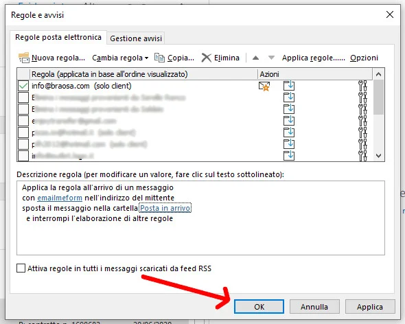 Conferme regole posta in arrivo