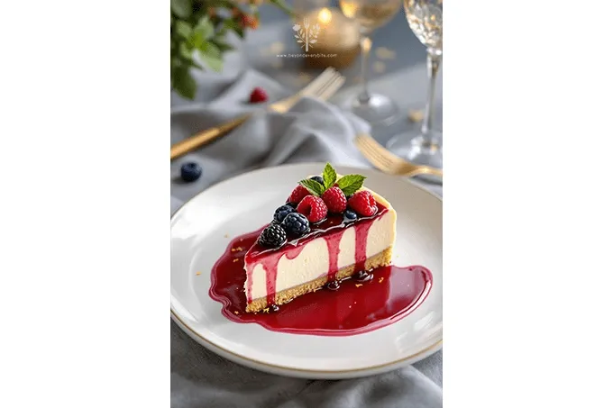 No bake berry cheesecake with mascarpone filling, fresh berries, and berry compote drizzle on a fine dining plate with elegant styling.
