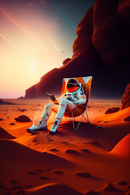 Astronaut on beach chair resting on red planet mars