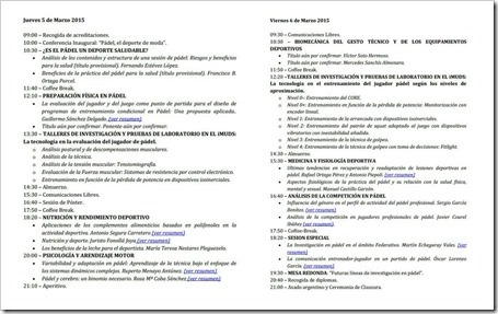 Programa Actividades, Ponencias, Talleres y Eventos del I Congreso Nacional Investigación en Pádel, Granada 5 y 6 marzo de 2015.