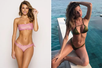 Model Sara Pagliaroli plays with her hair as she wows in sexy pink bikini