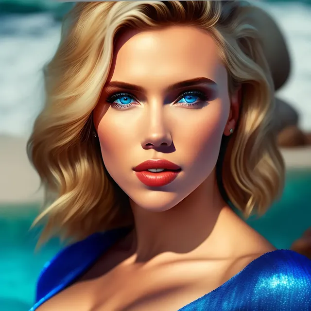Scarlett Johansson loira olhos azuis vestido azul