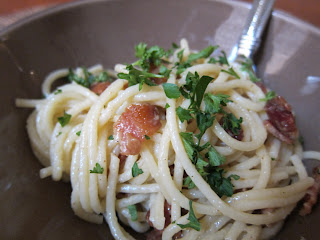 Spaghetti dish cooked with bacon, eggs and Parmesan cheese