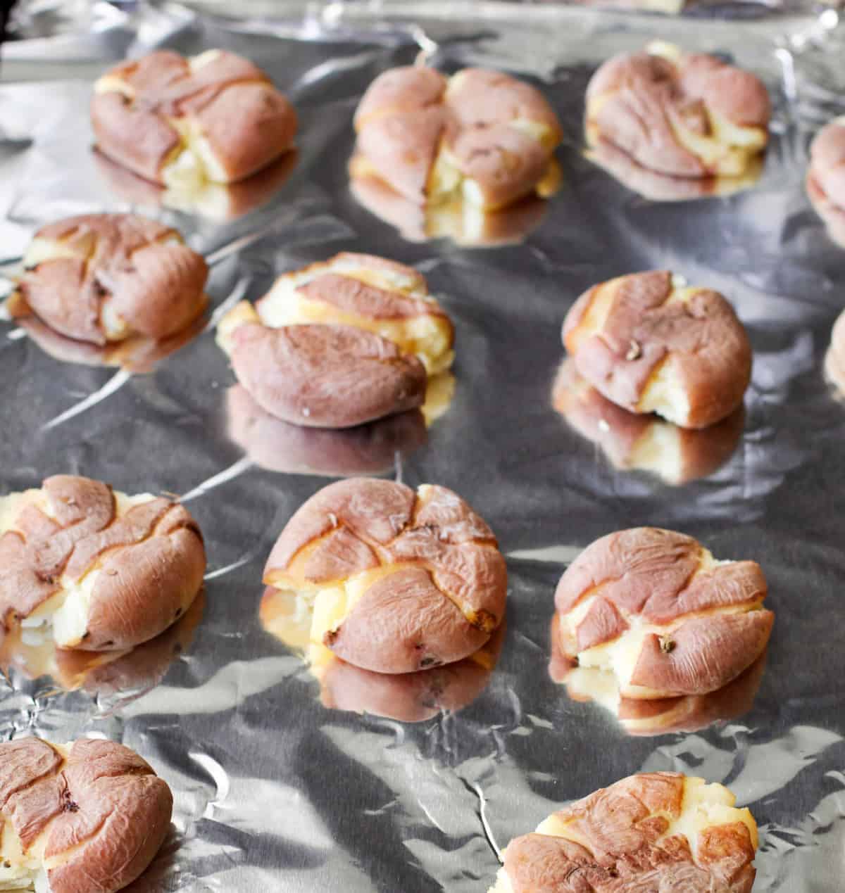 Smashed Red Potatoes before roasting.