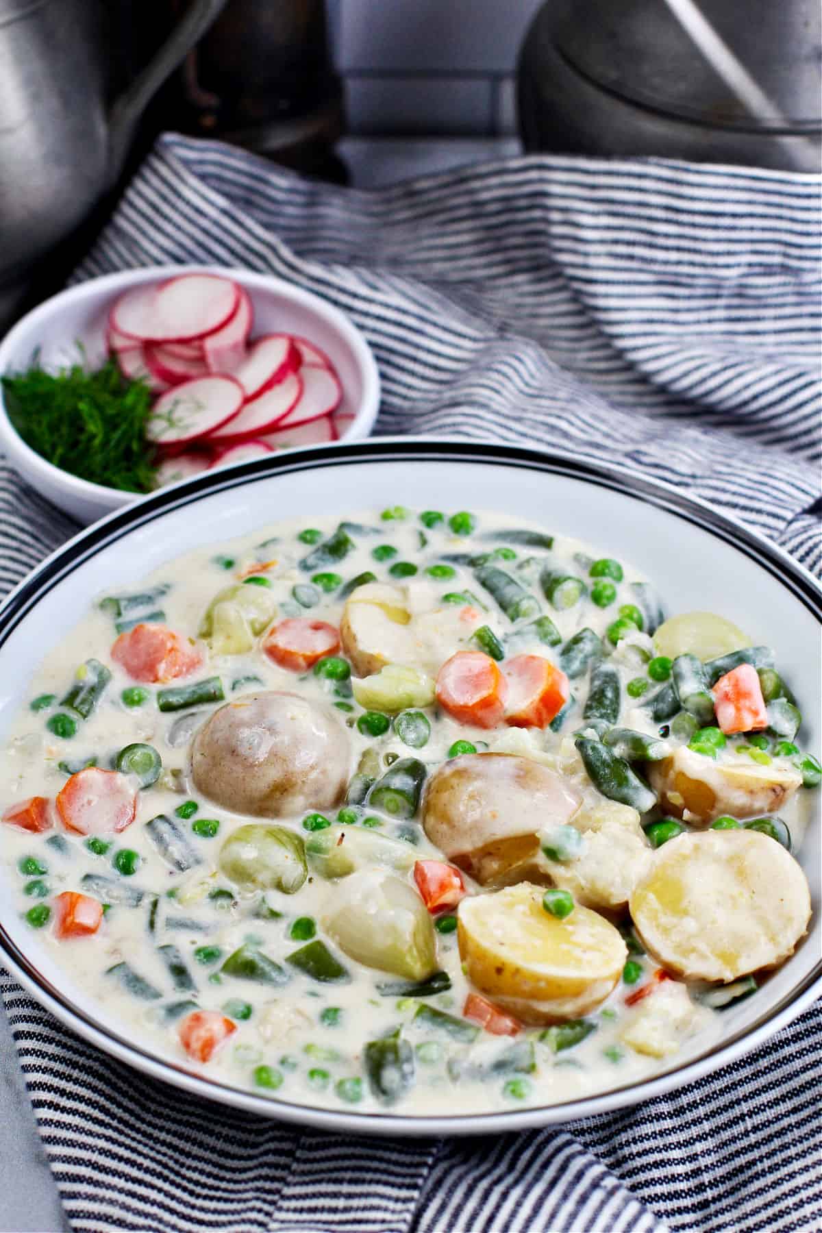 Finnish Summer Soup in a wide bowl without garnish.