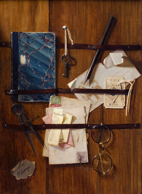 trompe loeil, still life with notes, vintage glasses