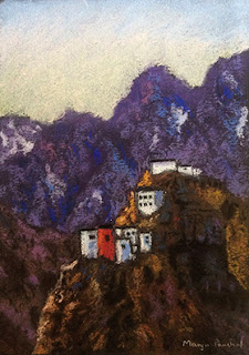 original soft pastel painting of Dhankar Monastery on Canson Mi Teintes paper, By Manju Panchal