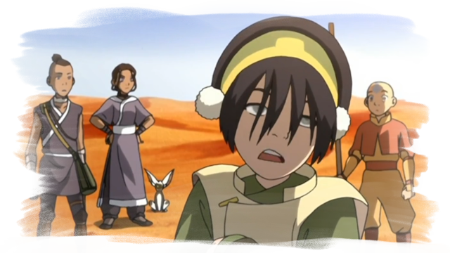 A close up of Toph and the rest of the group, Katara, Sokka and Aang standing in a desert. Toph shrugs, looking bored, while the others looks confused and surprised with the exception of Katara, who looks mildly annoyed, standing with her hands on her hips.