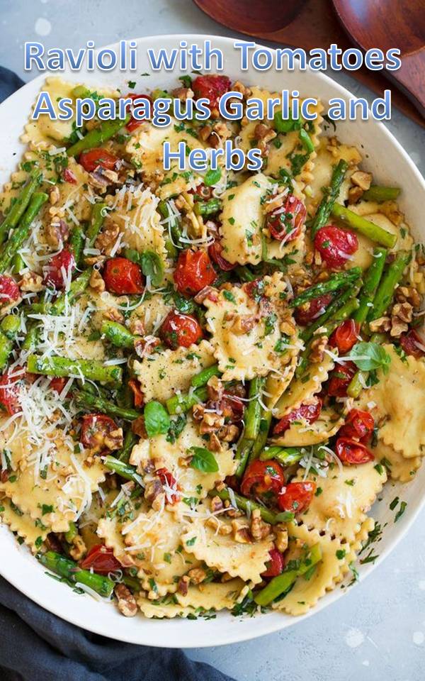 This Ravioli with Tomatoes Asparagus Garlic and Herbs uses a store-bought four cheese ravioli to save tons of time, it’s paired with lots of fresh veggies, then to make everything shine it’s coated with a buttery garlic herb sauce, balsamic vinegar and parmesan. And did I mention you’ll love that crunch from the walnuts? Don’t skip them! Ingredients 1 (20 oz) pkg. refrigerated four cheese ravioli 2 Tbsp olive oil 2 Tbsp butter 1 lb thin asparagus, woody ends trimmed, chopped into 2-inch pieces 1 (10.5 oz) pkg. grape tomatoes, halved 3 garlic cloves, minced (1 Tbsp) 1 Tbsp balsamic vinegar 2/3 cup Fisher Walnuts, chopped and toasted 1/4 cup minced fresh basil 1/4 cup minced fresh parsley Salt and pepper 1/3 cup shredded parmesan cheese Instructions Cook ravioli in boiling water according to package instructions. Meanwhile heat olive oil and melt butter in a large skillet over medium-high heat. Add asparagus to skillet and saute until tender, about 4 minutes. Add tomatoes and garlic and saute about 1 longer, then toss in balsamic vinegar. Drain water from pasta once cooked through then pour into a large serving bowl. Add asparagus mixture to serving bowl along with walnuts, basil and parsley. Season with salt and pepper to taste and toss. Sprinkle in parmesan and serve warm.