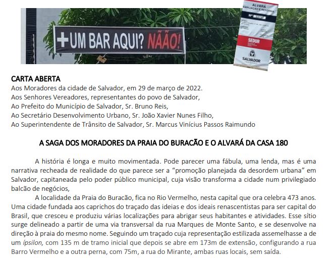 Carta Aberta aos moradores da Praia do Buracão nos 473 anos de Salvador