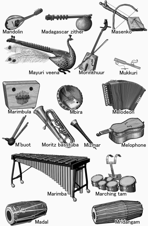 M ... world musical instruments.nome di strumenti musicali.Nom d'instruments de musique