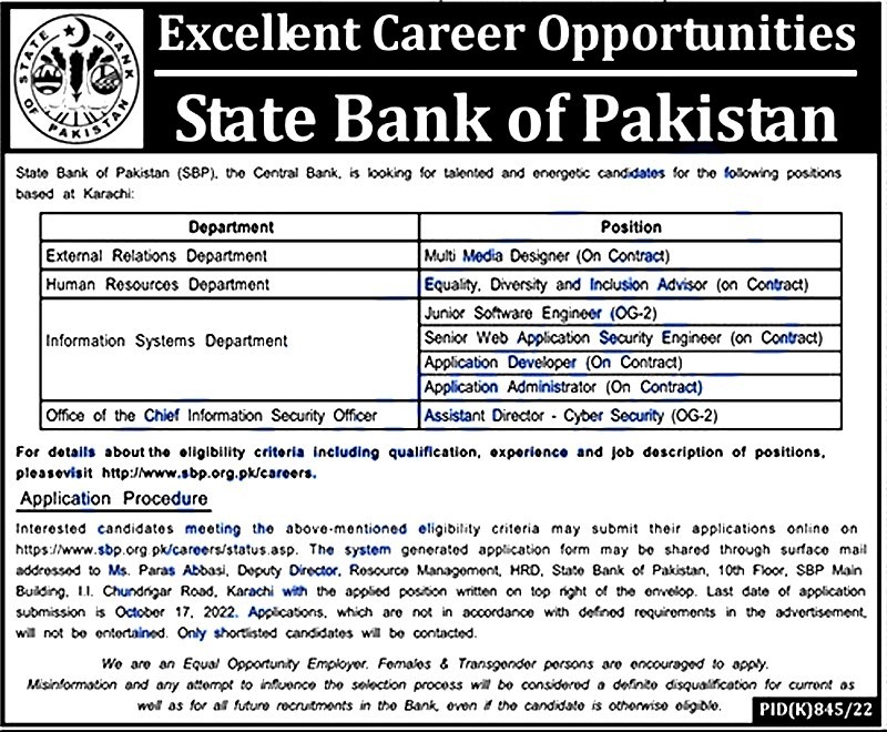 State Bank of Pakistan SBP Latest Jobs October 2022 Fill Form Online