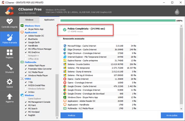 pulizia di windows completata da ccleaner