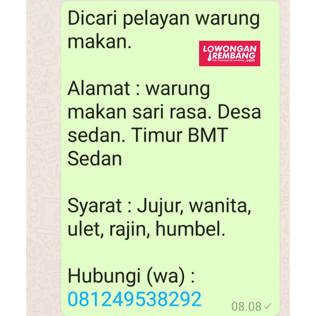 Lowongan Kerja Karyawati Warung Makan Sari Rasa Sedan Rembang