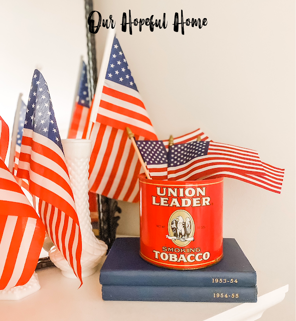Union Leader Smoking Tobacco red can filled with American flags 4th of July decor