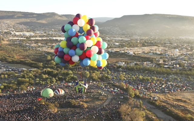 “Up” In Real Life, disney pixar, up, movie, in real life, actual, the real up, human, international ballon festival, leon, mexico, mouse, on mountain, house, home, in balloon, belon, wujud