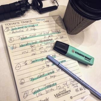 MamaMagic notepad with Instagram tips, with coffee and Stabilo pens