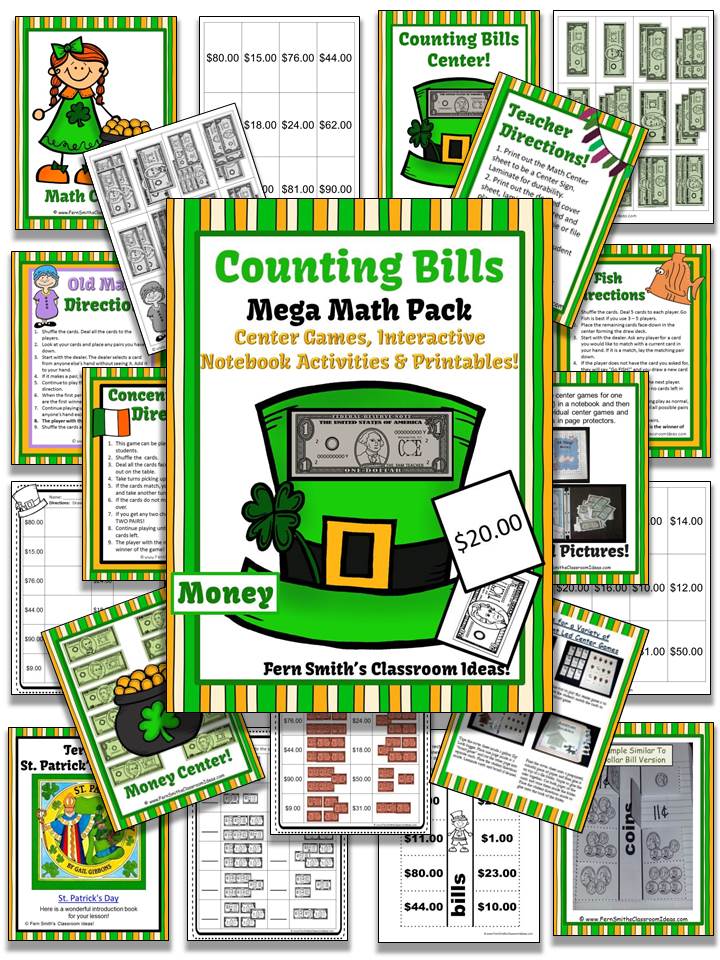 Fern Smith's Classroom Ideas St. Patrick's Day Counting Bills Math Pack Including a FREEBIE at Teachers Pay Teachers.