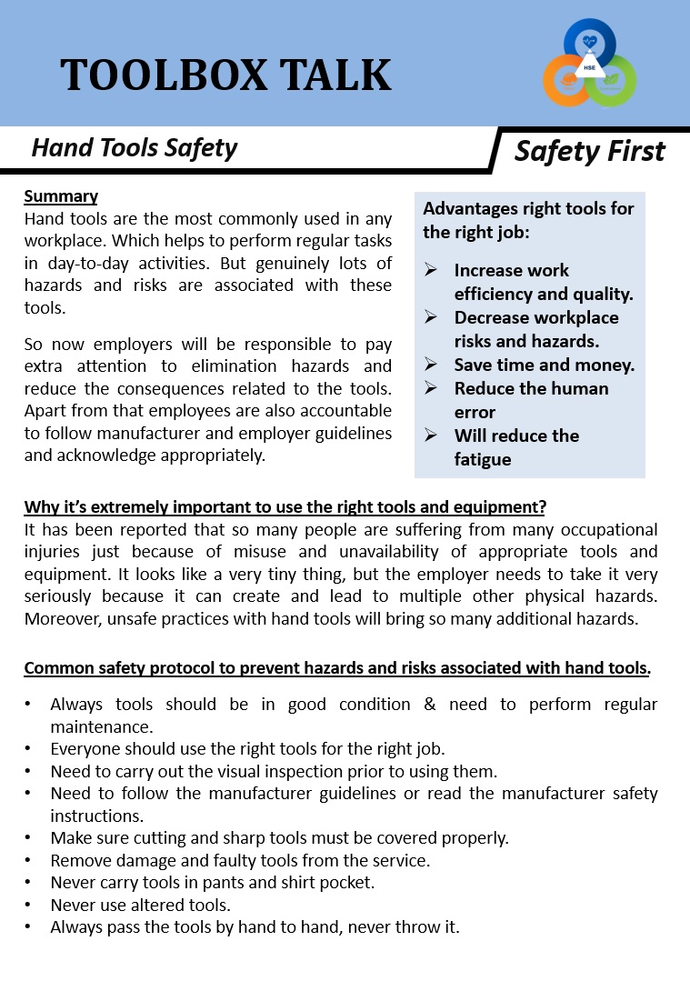How to ensure off the job safety : Tool box talk