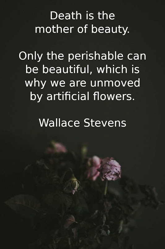 Wallace Stevens: Death is the mother of beauty. Only the perishable can be beautiful, which is why we are unmoved by artificial flowers.