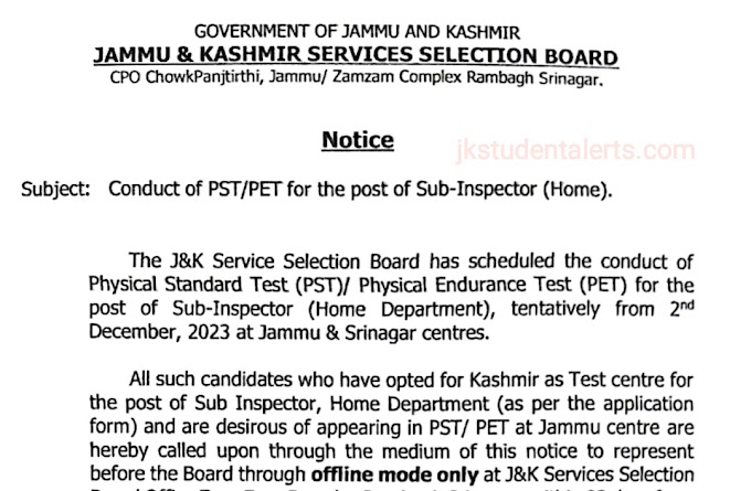 JKSSB Sub-Inspector (Home) PST/PET 2023: Important Notice and Offline Representation Details