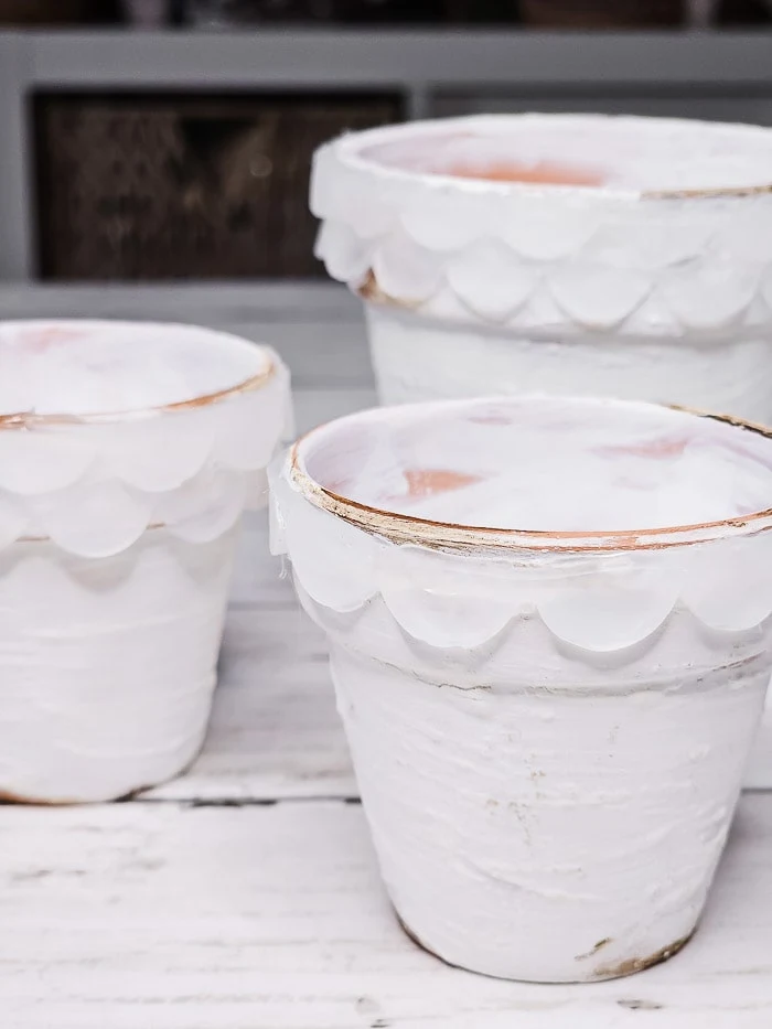 clear scallop borders, white painted pots