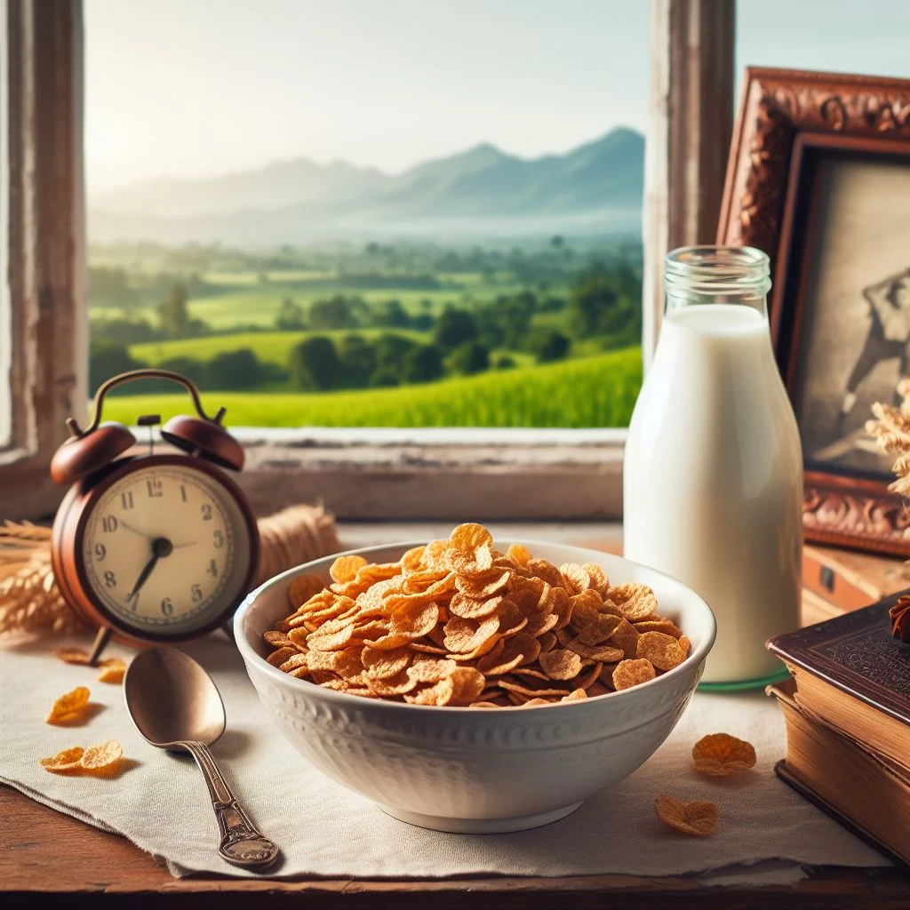 plato de cereal frente a una ventana con vista al campo