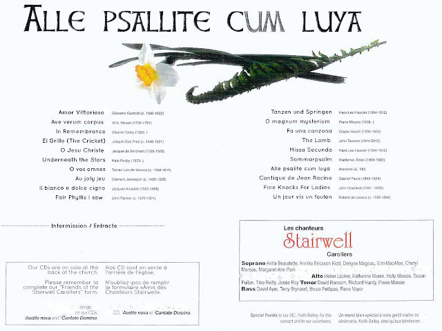 Alle Psallite Cum Luya Concert Program song list for ottawa Choral concert