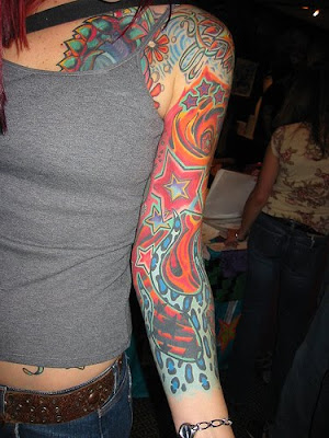 Colourfull Arm Sleeves Tattoo Design For Young Girls
