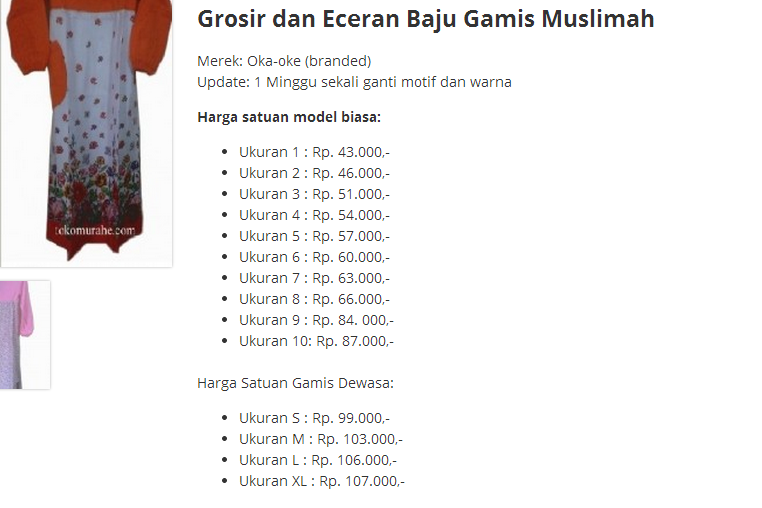 Daftar Harga Gamis Muslimah Oka-oke - Baju Murah - Grosir dan Eceran