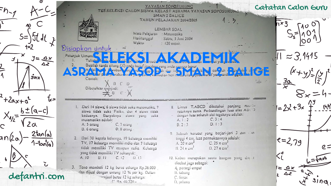 Pembahasan 20+ Soal Matematika SMP Tes Masuk Asrama Yayasan TB Soposurung - SMAN 2 Balige 2004