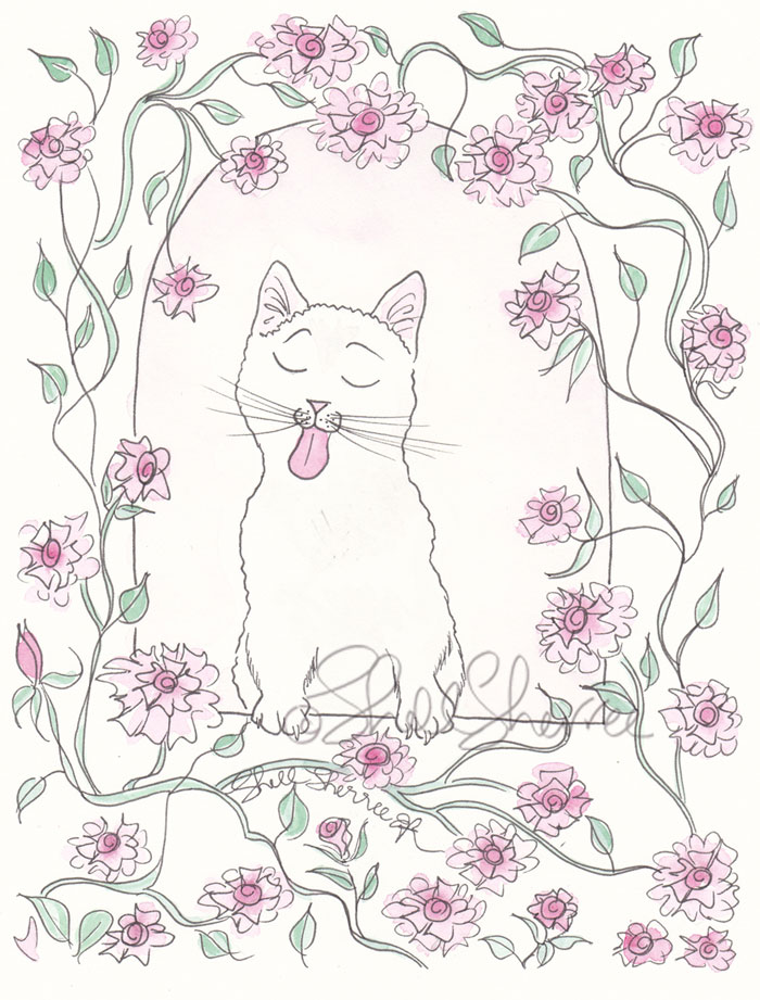 Juliet Balcony Kitty and Roses cat illustration  © Shell Sherree all rights reserved