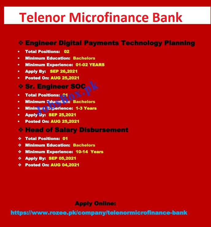 Telenor Microfinance Bank Latest  Jobs  in Pakistan - Online Apply