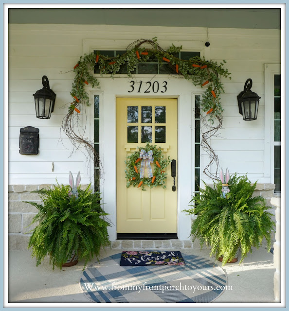 Yellow-Front-Door-Cottage -Farmhouse -Easter -Front -Porch- Decor-From My Front Porch To Yours