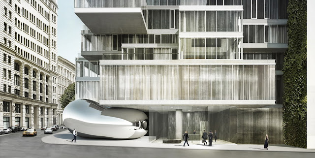 Rendering of 56 Leonard Street by Herzog & De Meuron at street level with traffic and pedestrians