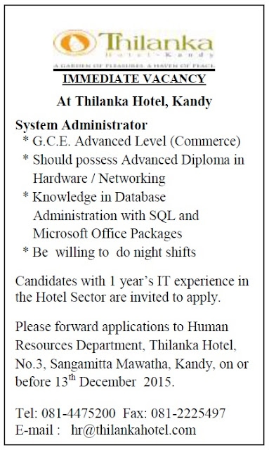 System Administrator - Thilanka Hotel Kandy