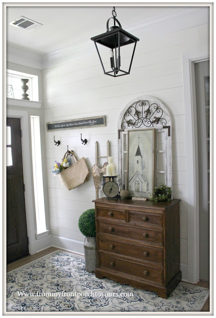 French Country- Farmhouse- Foyer-Vintage-DIY-Shiplap-Carriage House Lantern-From My Front Porch To Yours